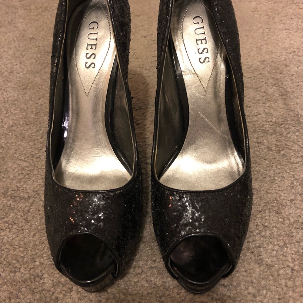 Guess peep toe- Black sparkle high heels